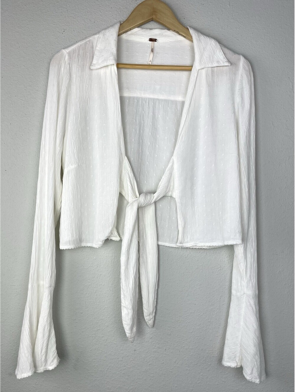 Free People Tie Front Bell Sleeve Peasant Topper Viscose Blouse Ivory Size Small